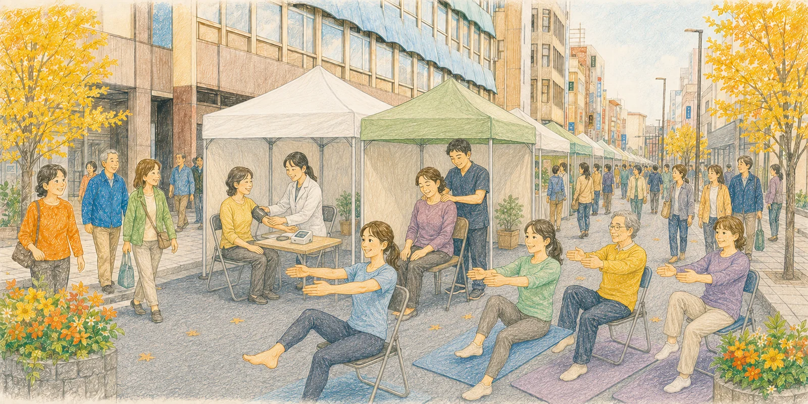 お城通りの中央に並ぶテント内で健康測定や身体のケアを行い、手前で先生の指導による座位ピラティスを楽しむ様子を描いたイラスト